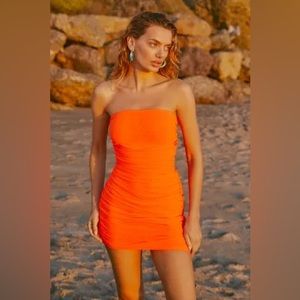 Anthropologie Coral Strapless Ruched Mini Dress